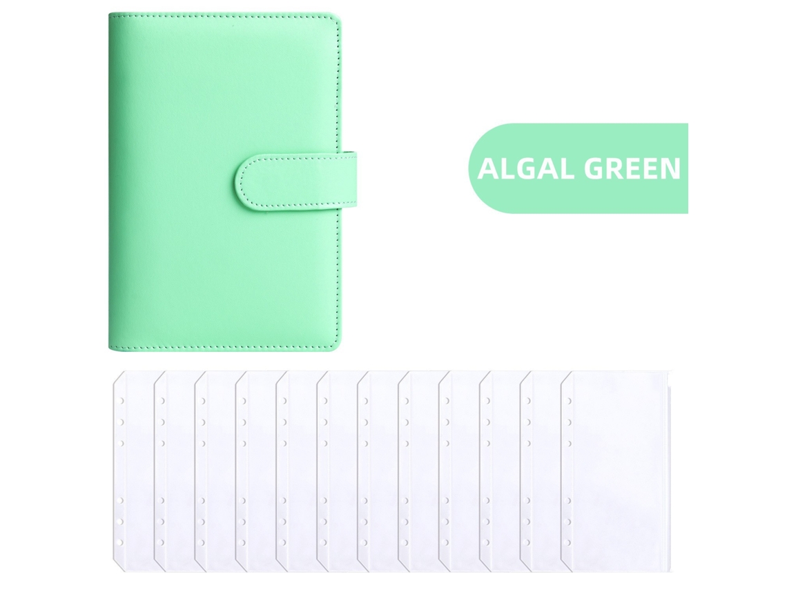 A6 Pu Leather Budget Planner Binder, Seaweed Green Cover With 12-zipper Pockets, Cash Budget Ledger, Financial