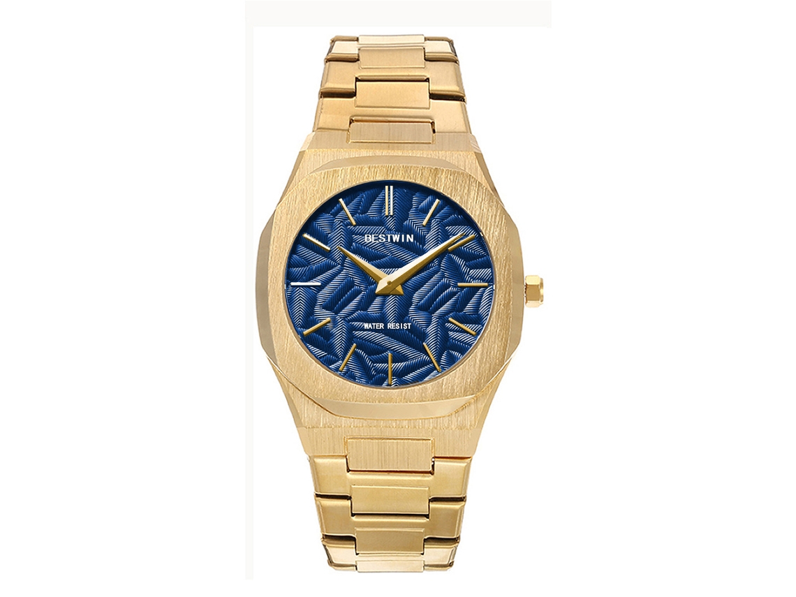 Relógio de Quartzo Folhas em Relevo Azul Dourado MDUG