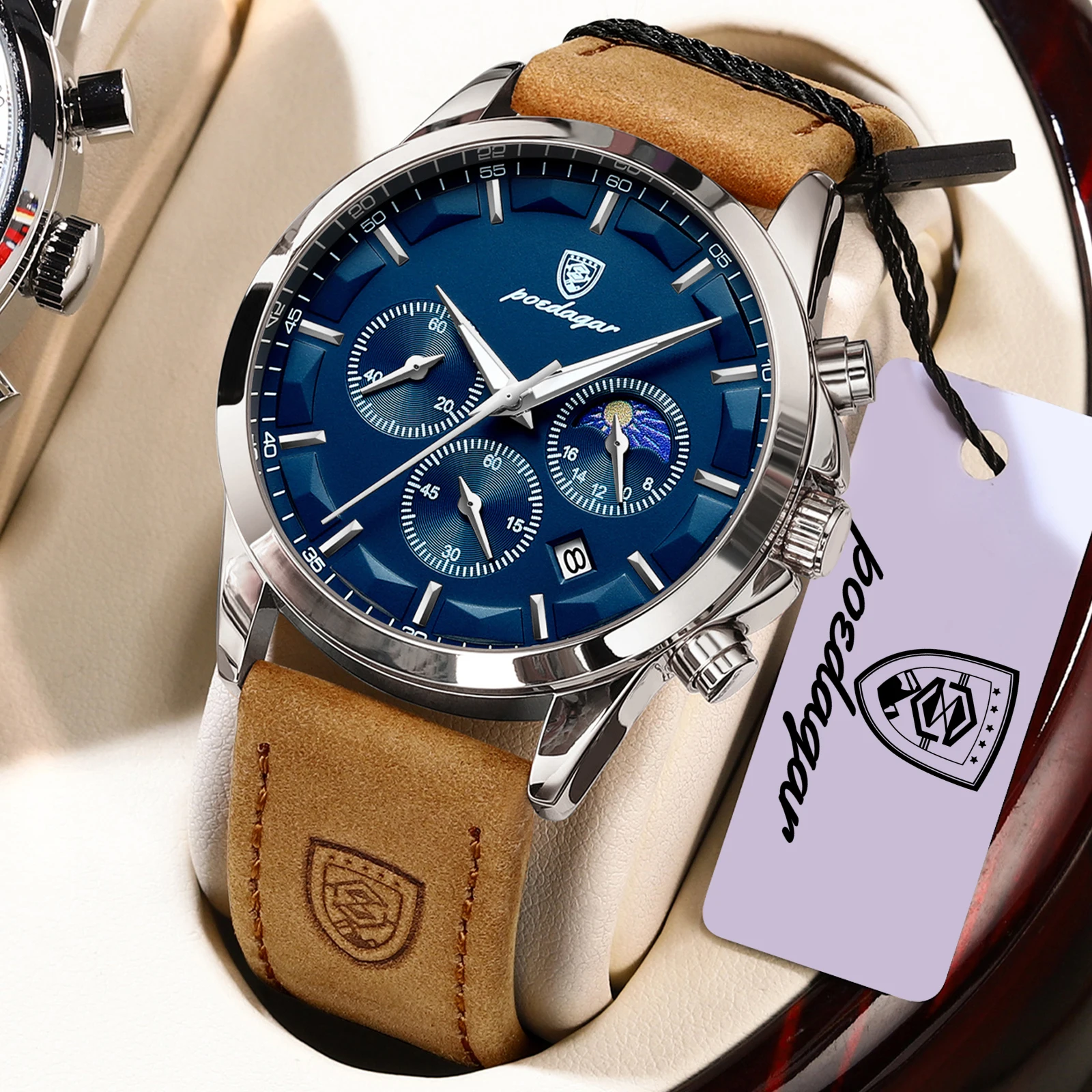 (azul Prateado) Relógio De Pulso Masculino Elegante Para Negócios, Com Mecanismo De Quartzo, Cronógrafo À Prova D'água E Data Luminosa.