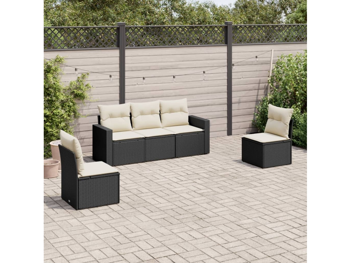 Vidaxl 5 Pcs Conjunto Sofás De Jardim Com Almofadões Vime Pe Preto
