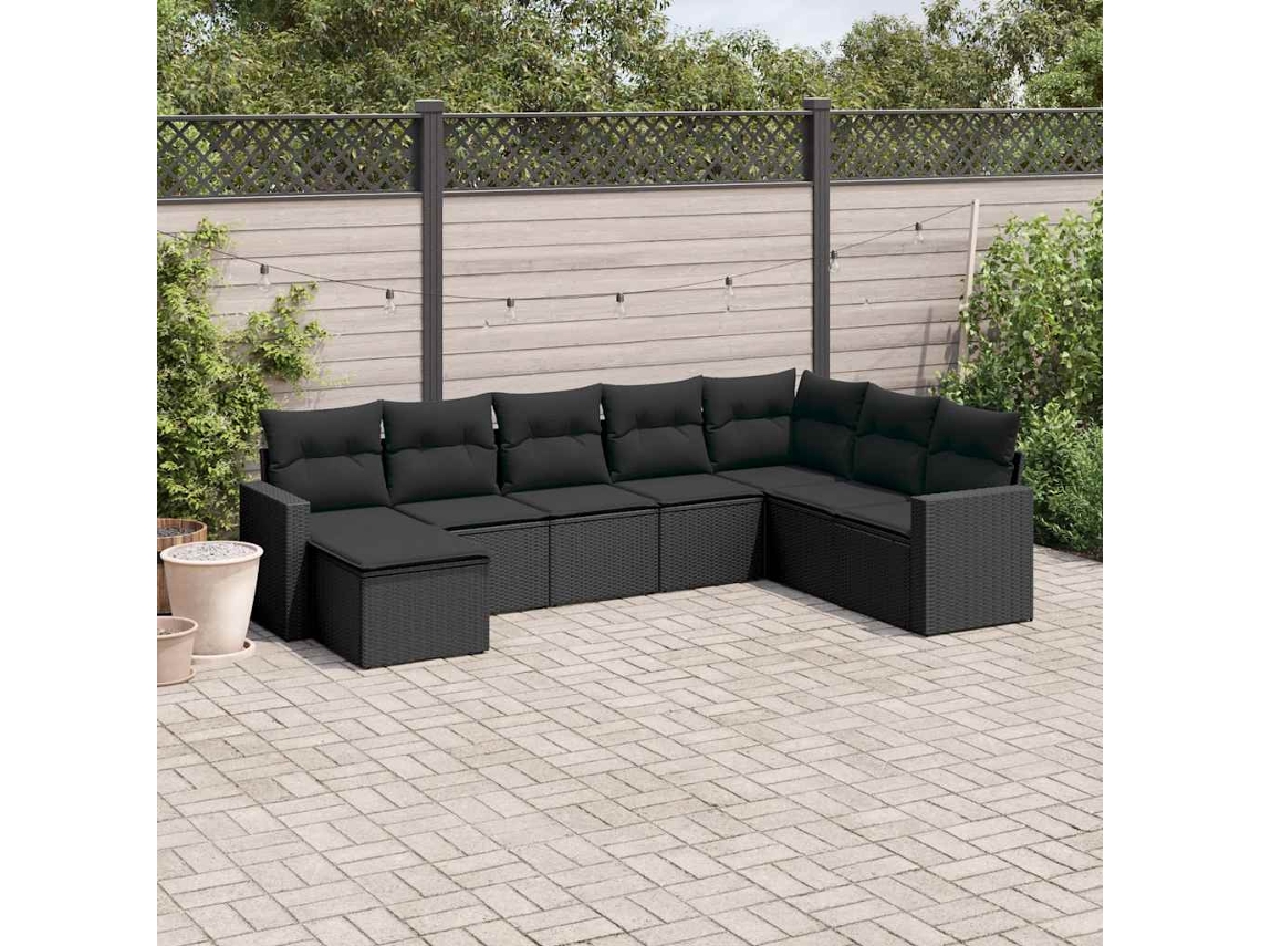 Vidaxl 8 Pcs Conjunto Sofás De Jardim Com Almofadões Vime Pe Preto