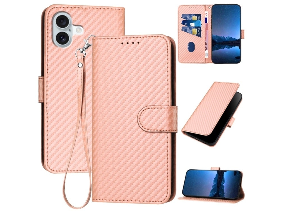 Capa De Couro Para Iphone 16 Plus - Fivela Em Fibra De Carbono - Com Cordão