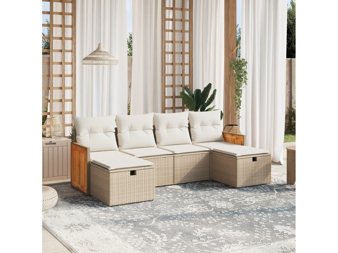 Vidaxl 6 Pcs Conjunto De Sofás P/ Jardim Com Almofadões Vime Pe Bege
