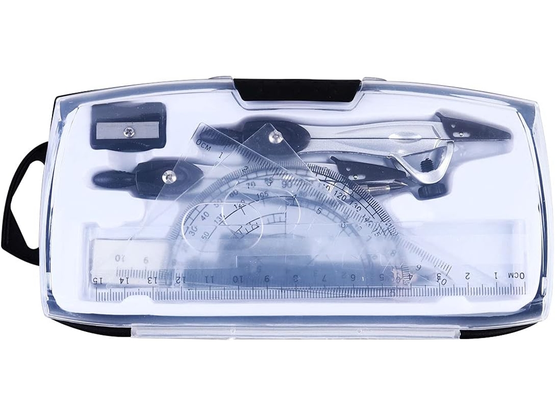Kit profissional de geometria em metal com 10 peças: compasso, régua e ponteiro, ideal para estudantes em sala de aula.