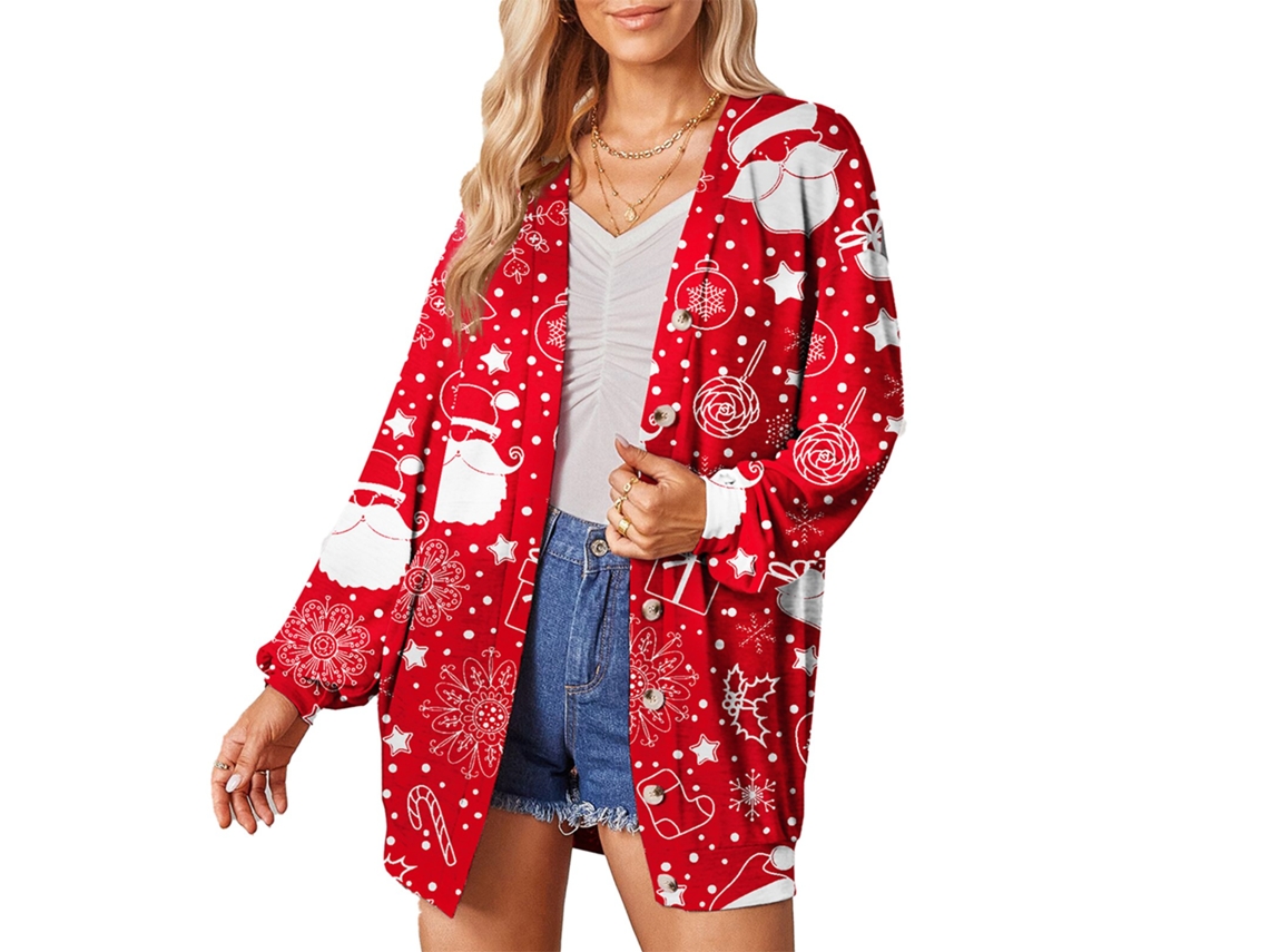 Jaqueta Cardigan Para Mulher Com Manga Longa Estampada De Natal Casual E Moderna Vermelha Tamanho M
