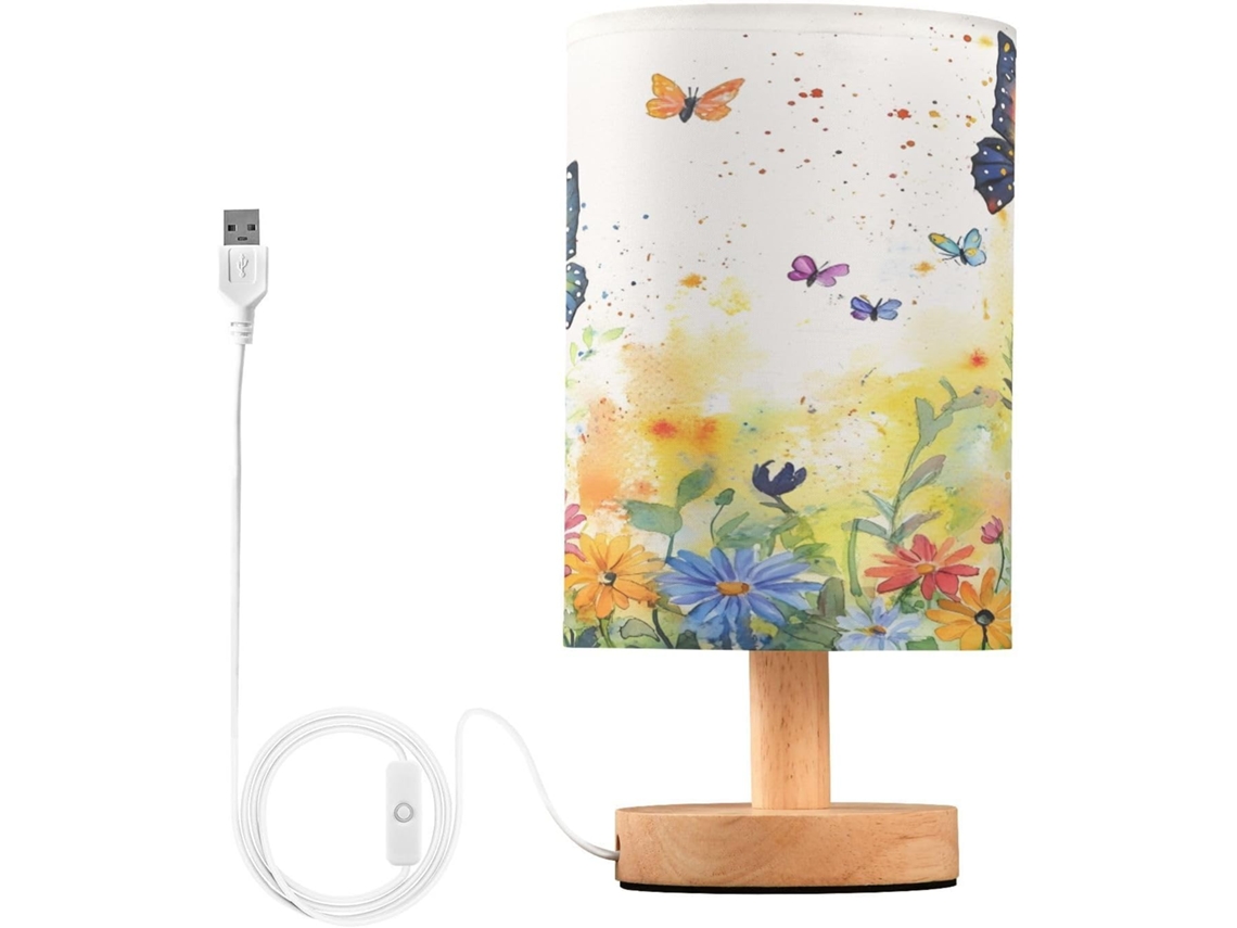 Abajur De Cabeceira Borboleta Com Flores Silvestres Para Quarto, Portas De Carregamento Usb C, Luminária De Mesa
