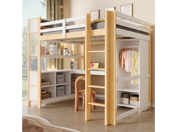 Cama alta 140x200 cm com escrivaninha, prateleiras, guarda-roupa, compartimentos, madeira natural VSOGA