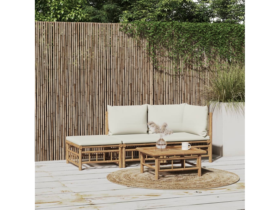 3 Pcs Conjunto Lounge De Jardim Bambu C/ Almofadões Branco Nata Dkd Home Decor