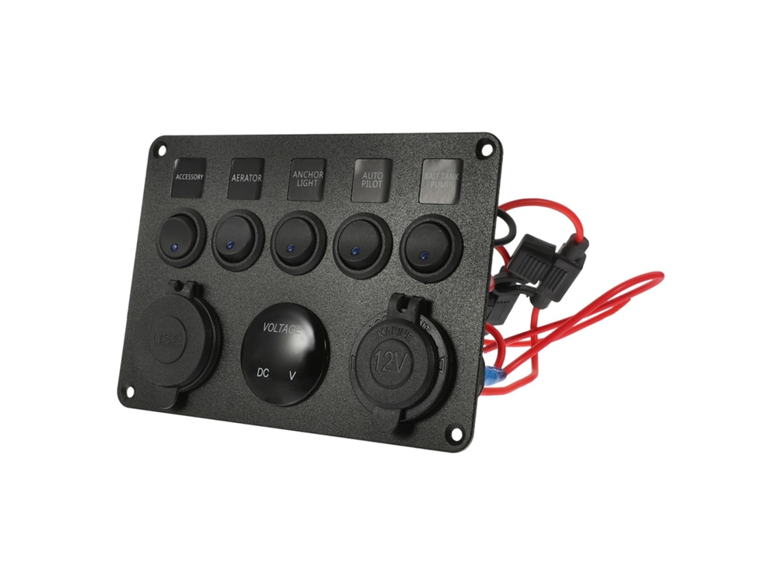 Painel De Interruptores Com Botões, Voltímetro, Duas Portas Usb E Tomada Elétrica.