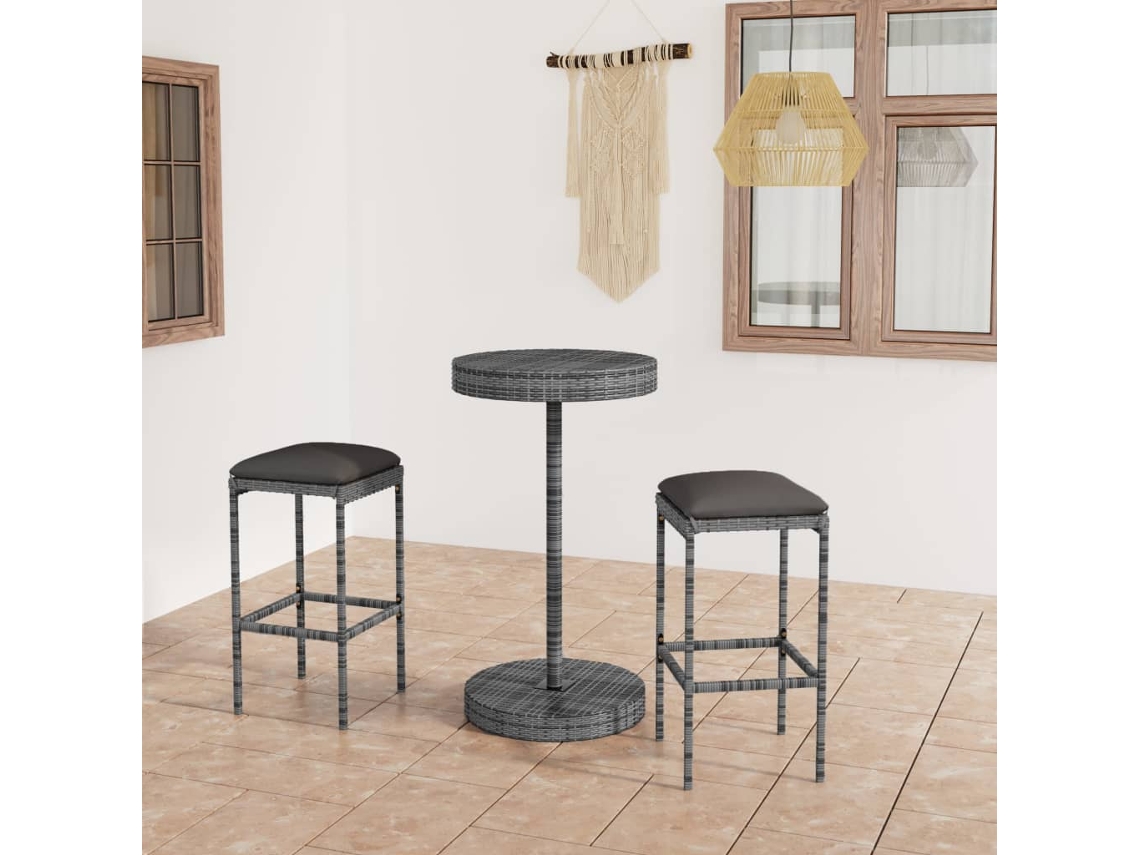 Conjunto Bar 3 Peças P/ Jardim C/ Almofadões Vime Pe Cinzento Dkd Home Decor