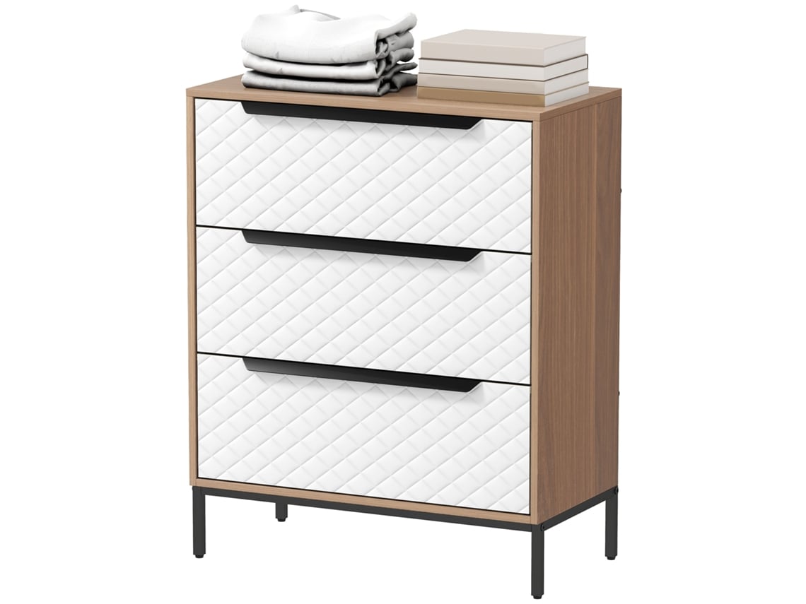 Cómoda com 3 gavetas, tecido, padrão diamante, 59,5x30x73,5cm, madeira e branco, ORBITRA COMMERCE