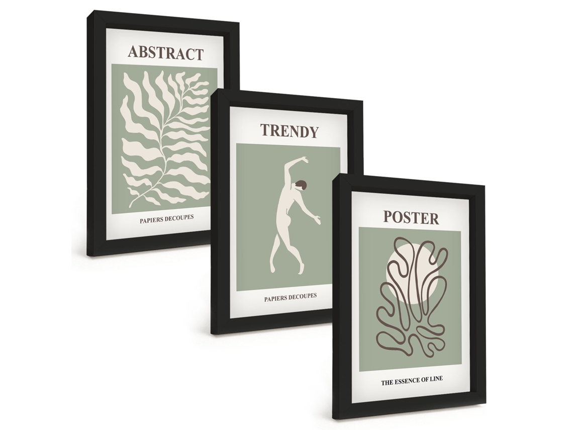 Composição De Quadros Padrões De Plantas Verdes De Matisse Espelharte (3 Peças 20x30 Cm)