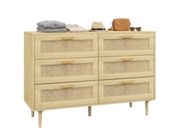 Cômoda Com 6 Gavetas Em Rattan Trançado, Dimensões 110 Cm (comprimento) X 40 Cm (largura) X 75 Cm (altura), Acabamento Em Madeira Clara.