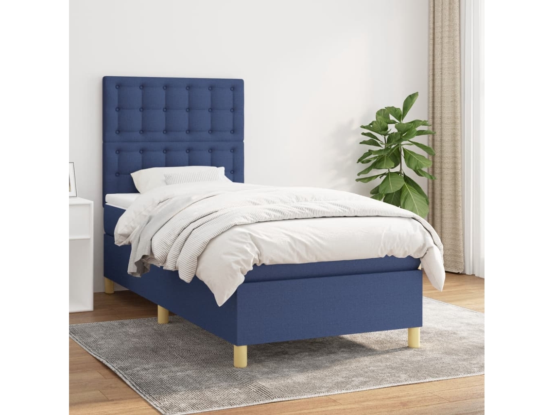 Cama Com Molas/colchão 90x190 Cm Tecido Azul