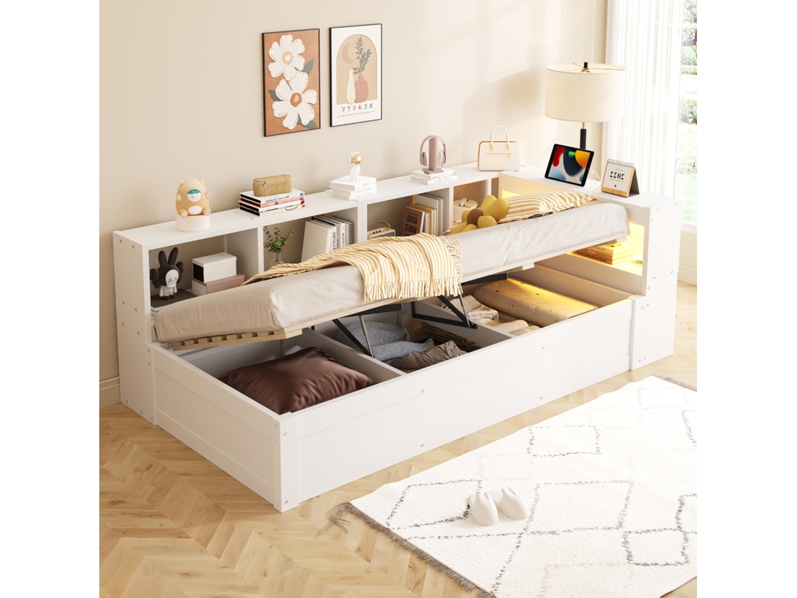 Sofá Cama 90x200 Cm Com Tomada Eu Arrumação E Led Multicolor Branco Sem Colchão