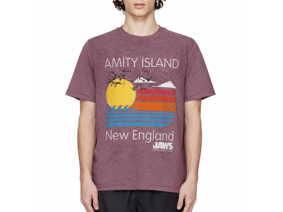 Rockinstone Jaws Movie Sunset Heather Vintage Maroon Adult T-shirt Size:l