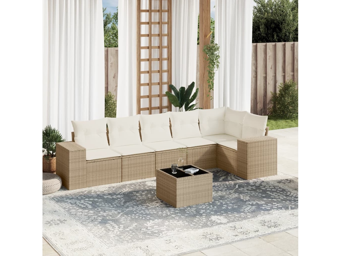 Vidaxl 7 Pcs Conjunto De Sofás P/ Jardim Com Almofadões Vime Pe Bege