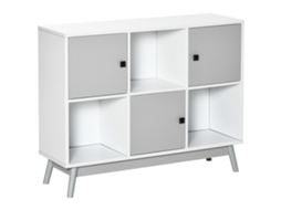 Aparador Com 3 Portas E 3 Compartimentos Abertos, Pernas De Pinho, 96x30x75cm, Branco E Cinza
