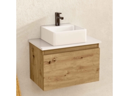 Móvel De Banheiro Suspenso Com Lavatório De Cerâmica, Móvel Com Porta Basculante, 50 X 32 X 30 Cm, Móvel Carvalho E Tampo Branco Bellobath