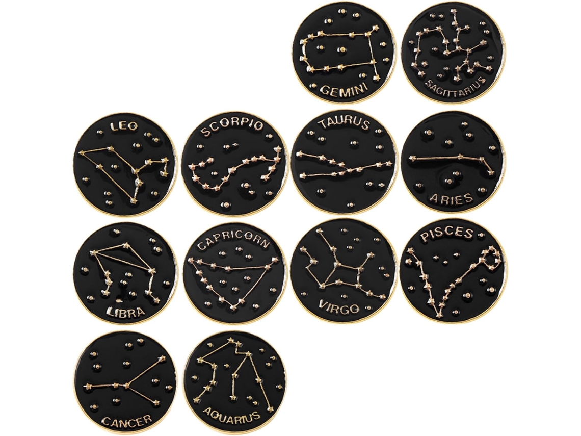 Broche Feminino De Liga Metálica, Alfinete Do Zodíaco Preto, Conjunto De 12 Peças, Esmalte Delicado, Não Irá Danificar.