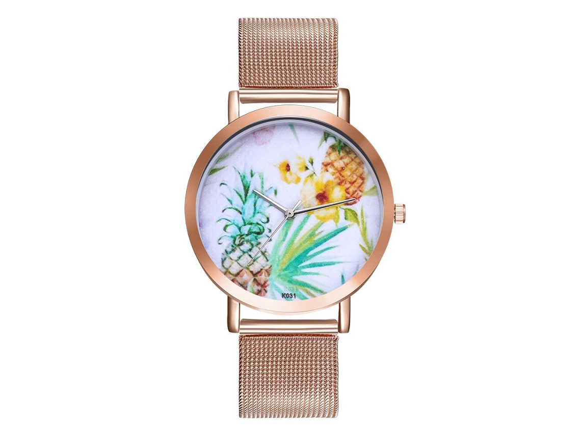 Relógio Feminino de Quartzo com Pulseira de Malha Mostrador Abacaxi Rose Gold