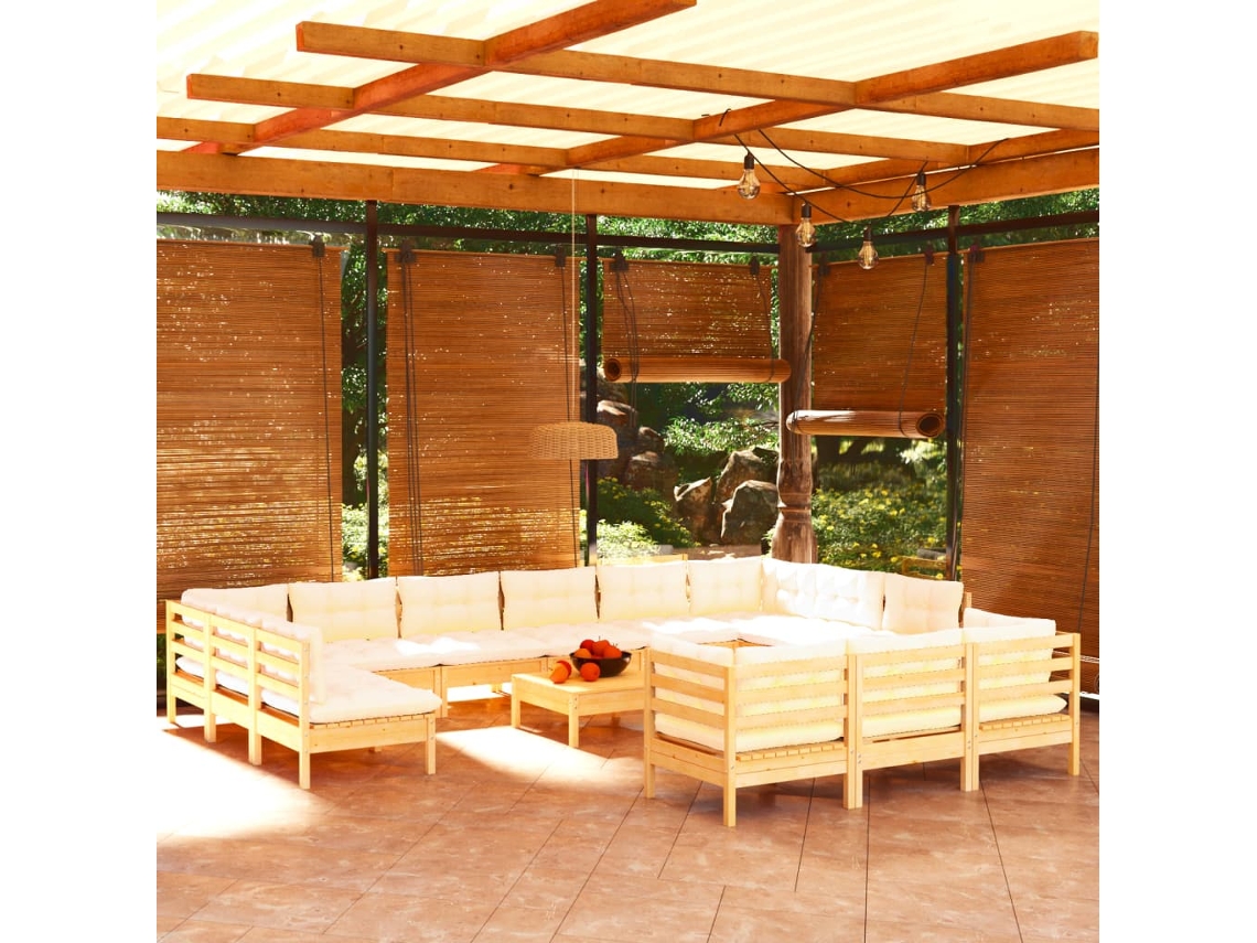 Vidaxl 14 Pcs Conjunto Lounge De Jardim C/ Almofadões Cor Creme Pinho