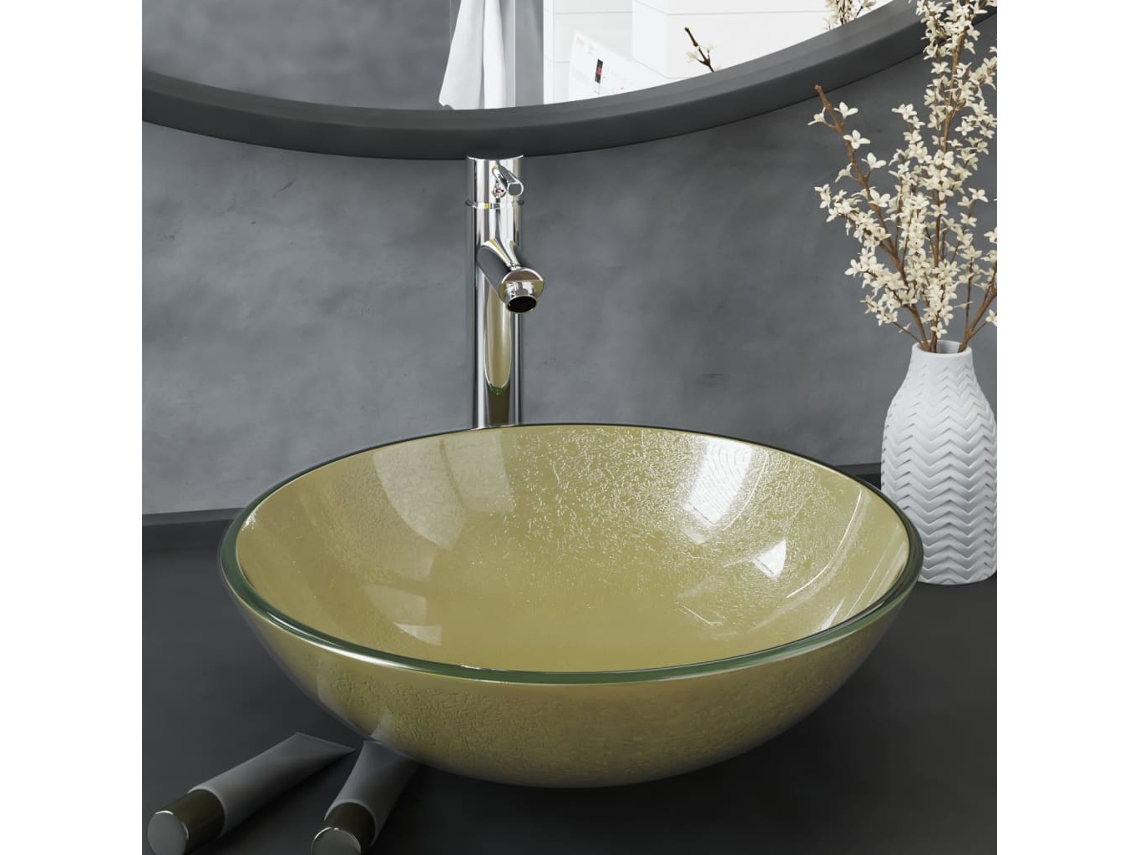 Vidaxl Lavatório Torneira Válvula Click-clack Vidro Temperado Dourado