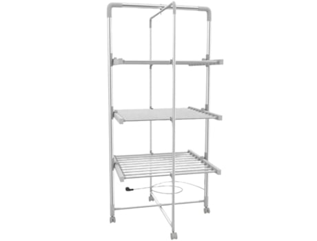 Todeco Rack de Lavanderia Elétrico, Varal Dobrável para Interior, Tamanho Material Liga de Alumínio, 3 Prateleiras, com Rodas - Branco