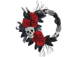 Guirlanda de Porta com Caveira e Rosas Vermelhas para Halloween 19,7 Polegadas