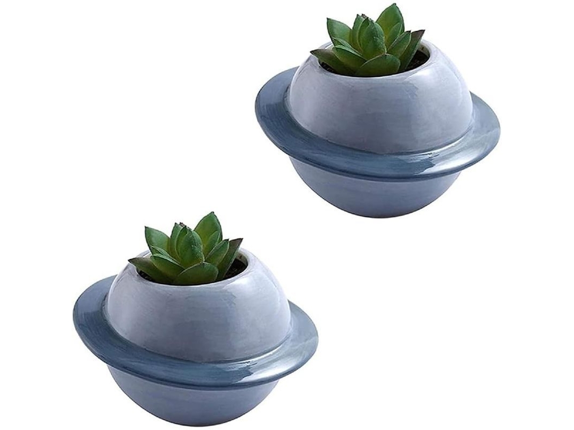 Set De 2 Macetas De Cerámica Para Suculentas Mini Planeta Decorativas Azules Interior Balcón