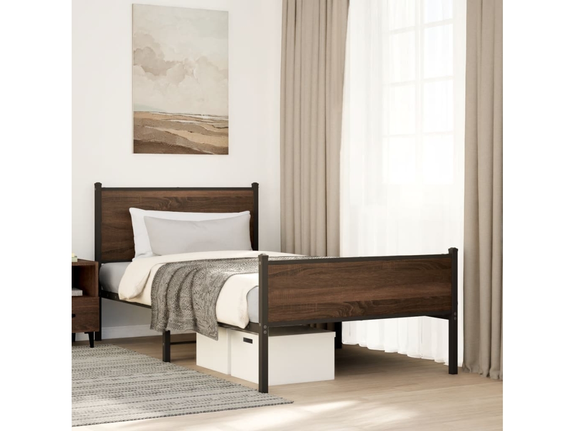 Estrutura De Cama Sem Colchão 100x190cm Metal Carvalho Castanho