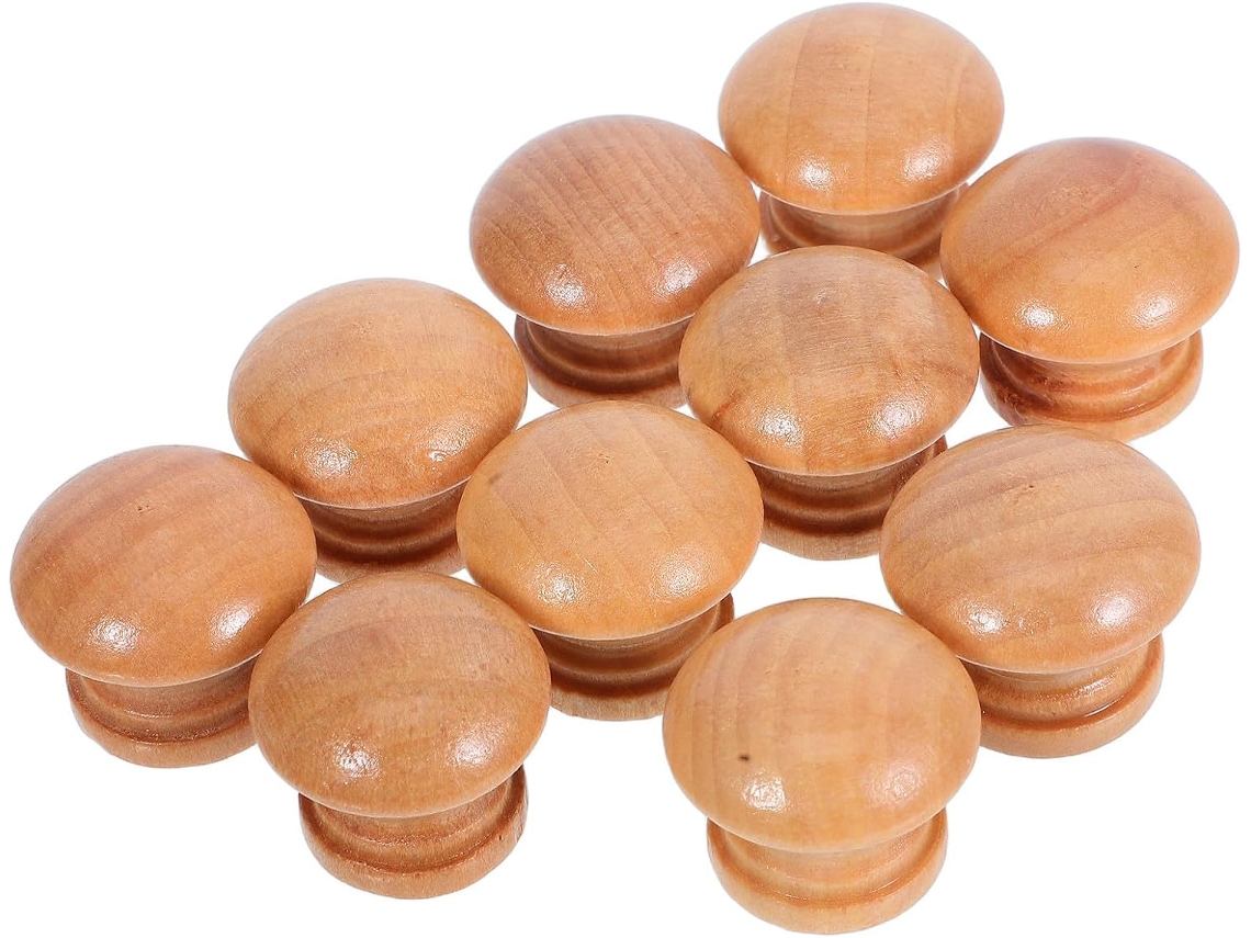 Conjunto De 10 Puxadores Redondos Madeira Em Formato Cogumelo, Cor Cáqui
