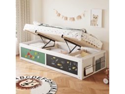 Cama De Madeira Branca 90x200cm Com Ajuste Hidráulico, Prateleira, Estojo E Armário