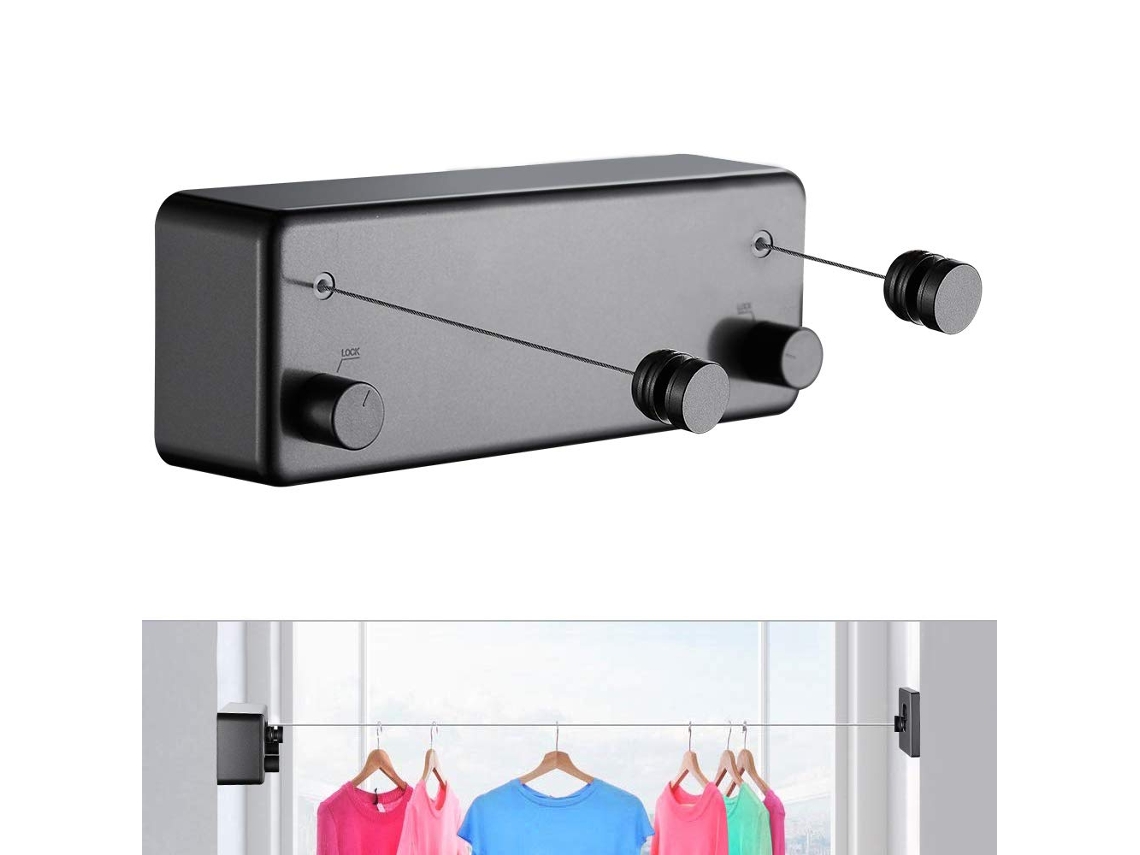 Varal Retrátil Para Uso Interno E Externo Resistente, 2 Varais De Aço Inoxidável De 4,2 M, Suporte De Parede Preto Ehstmind (furadeira)