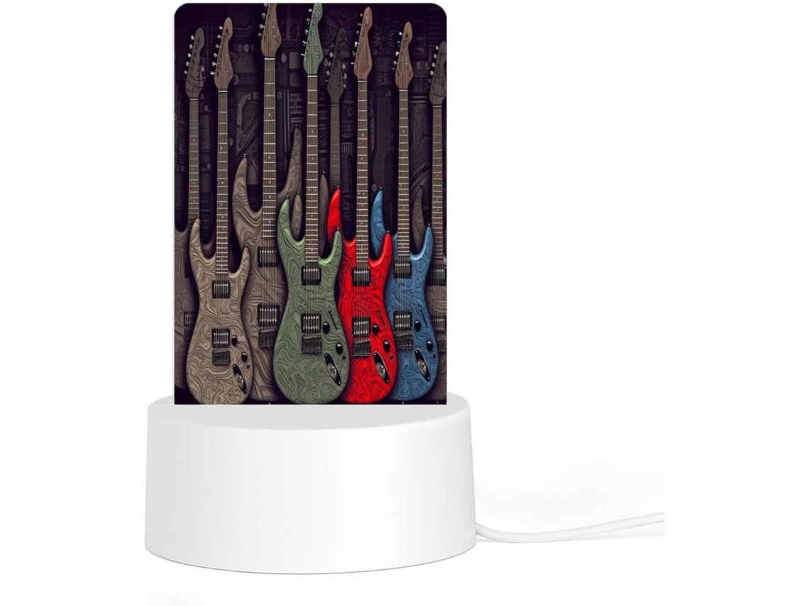 Luminária noturna de LED acrílica plug and play com base de plástico, estampa de guitarra, brilho uniforme.