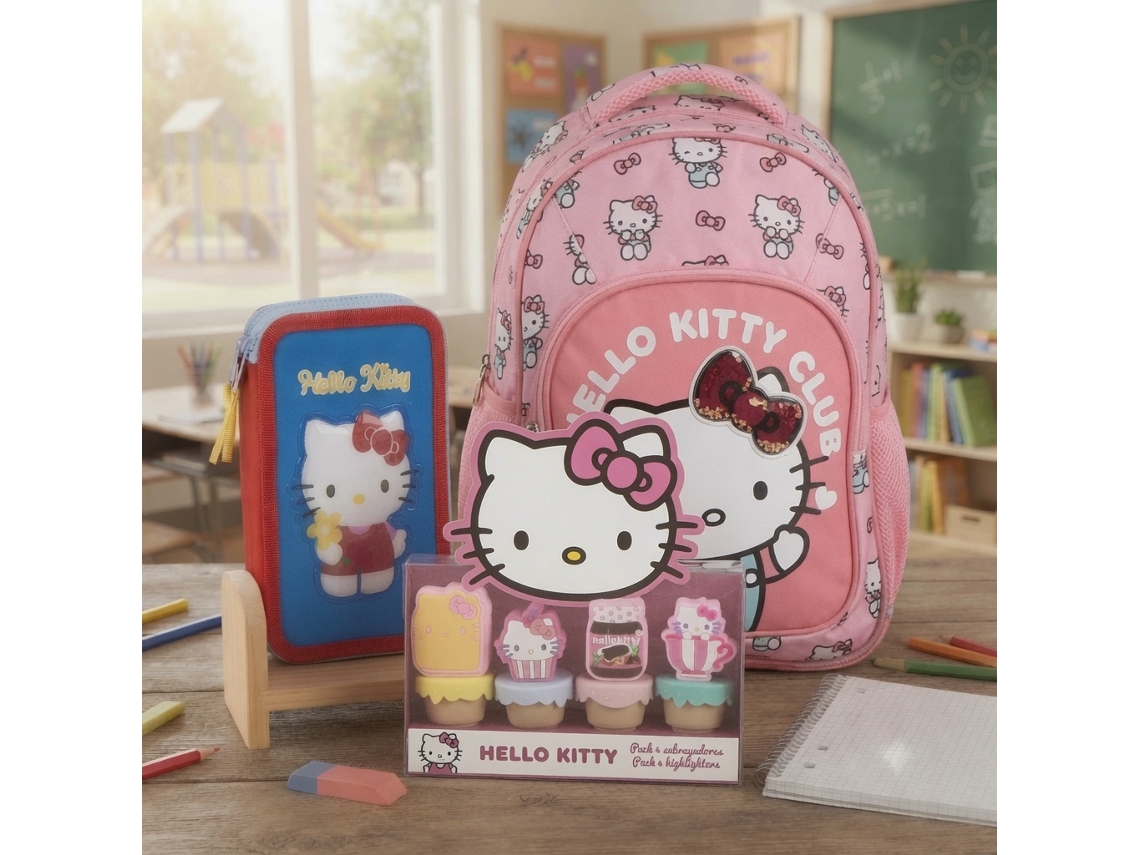 Mochila 32 X 42 X 20 Cm E Estojo Escolar Hello Kitty Com Necesser