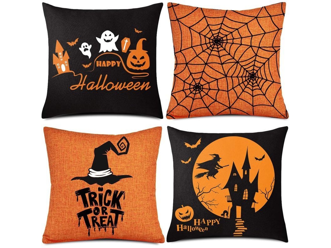 2026 fundas de Almohada de Halloween de Lino 4 Piezas 45x45 Cm Laranja e Preto com Designs Únicos