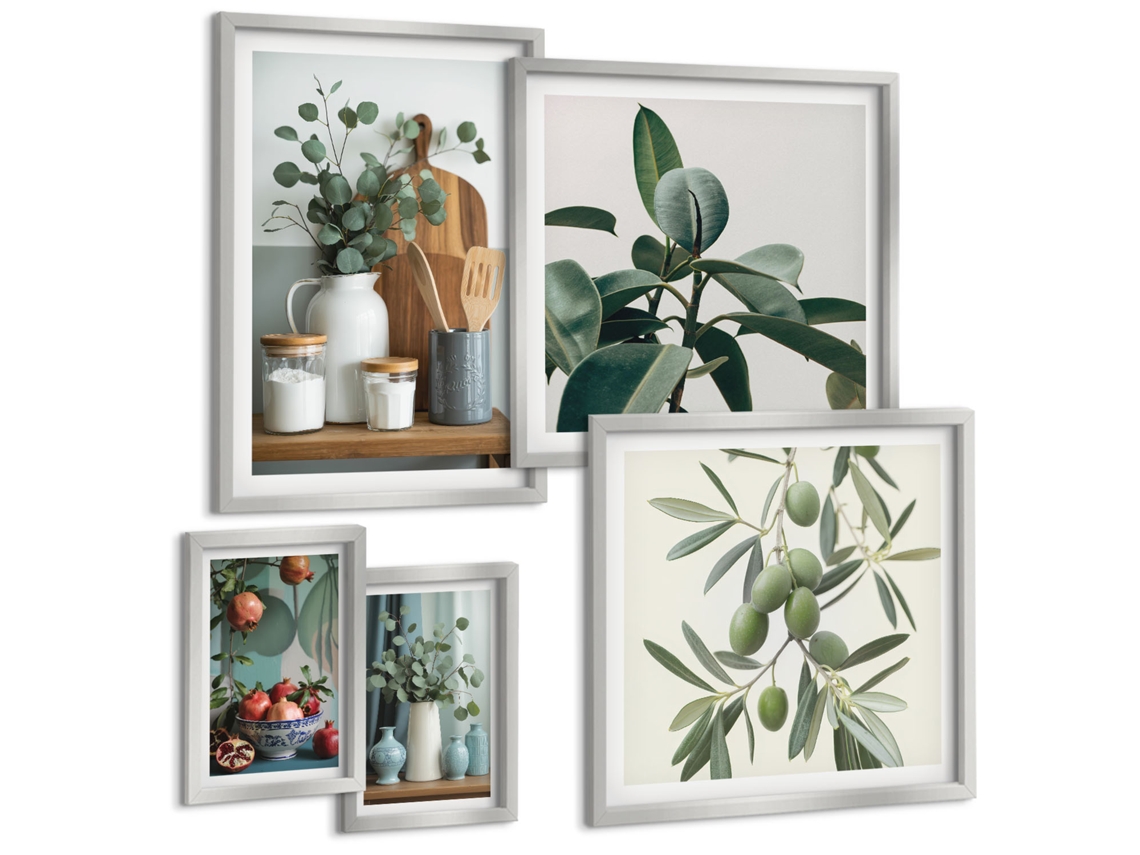 Composição De Quadros Na Parede Flores, Mármore Abstrato Moldura Prateada Imagens Para Um Quarto Infantil Espelharte (conjunto De 5 Imagens)