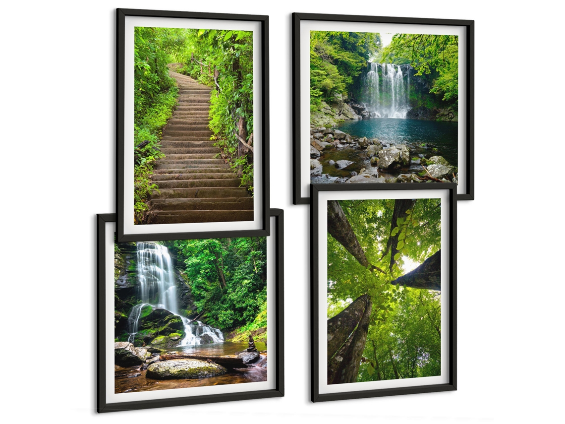 Pinturas Murais Modernas Padrões De Montanhas Coloridas, Rios, Estilo Japonês Moldura Preta Pinturas De Quarto Espelharte (conjunto De 4 Imagens)
