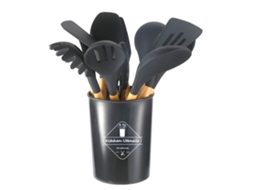 Conjunto de utensílios de cozinha em silicone com cabo de madeira, antiaderente, com recipiente cinza escuro | S/MARCA