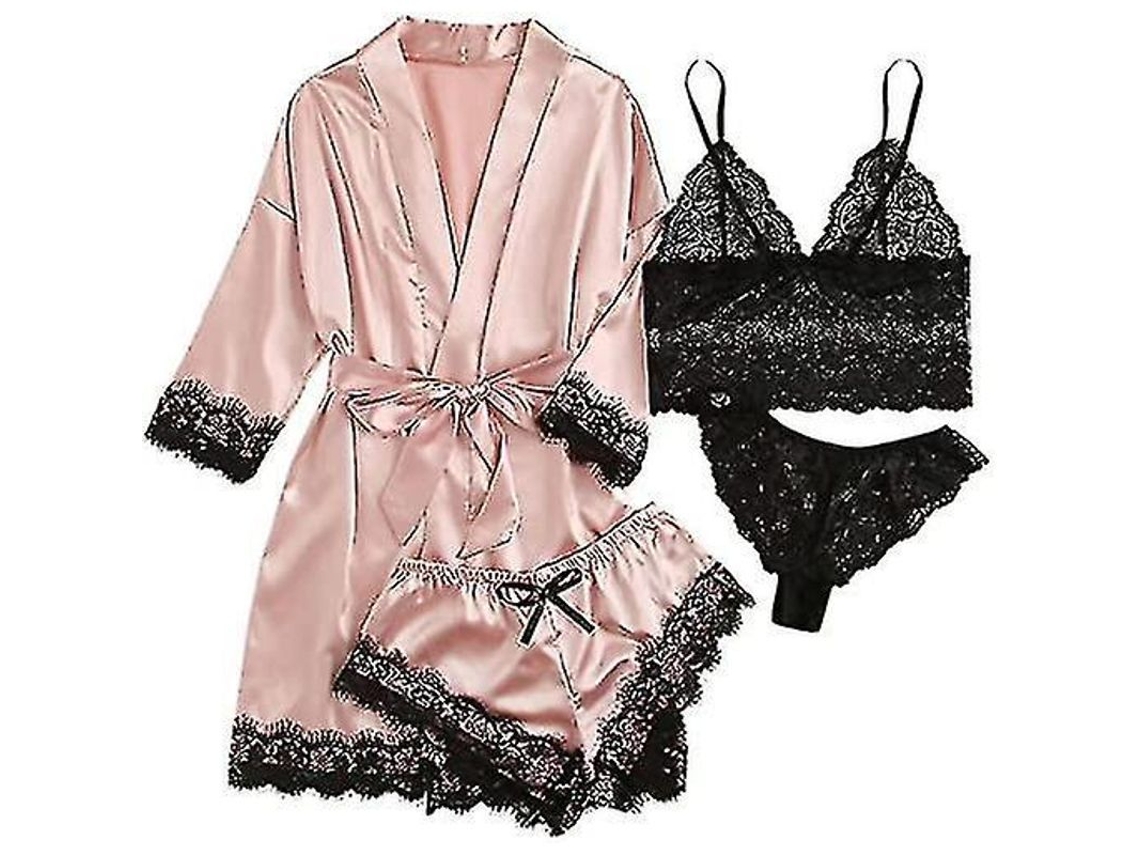 2026 conjunto de Pijama de Seda 4 Piezas Con Encaje Floral Y Batina para Mujer
