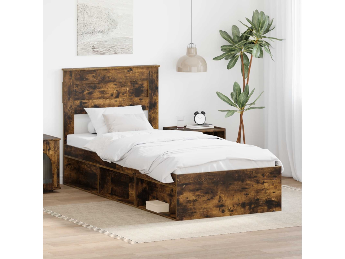 Vidaxl Estrutura Da Cama Com Gaveta Liso Carvalho Defumado 90 X 200 Cm