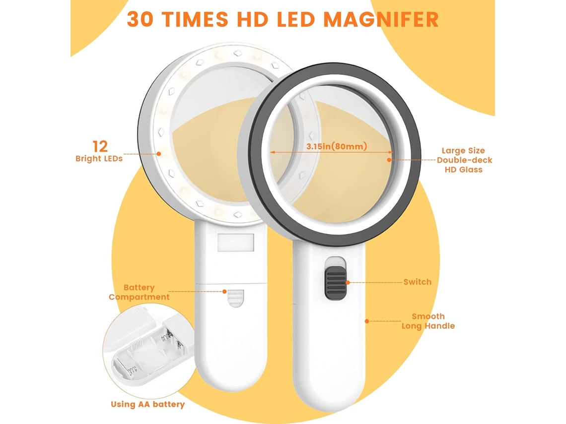 Lupa Manual, 30x, 12 Leds, 80mm, Vidro, Branco, Preto, Leitura, Idosos