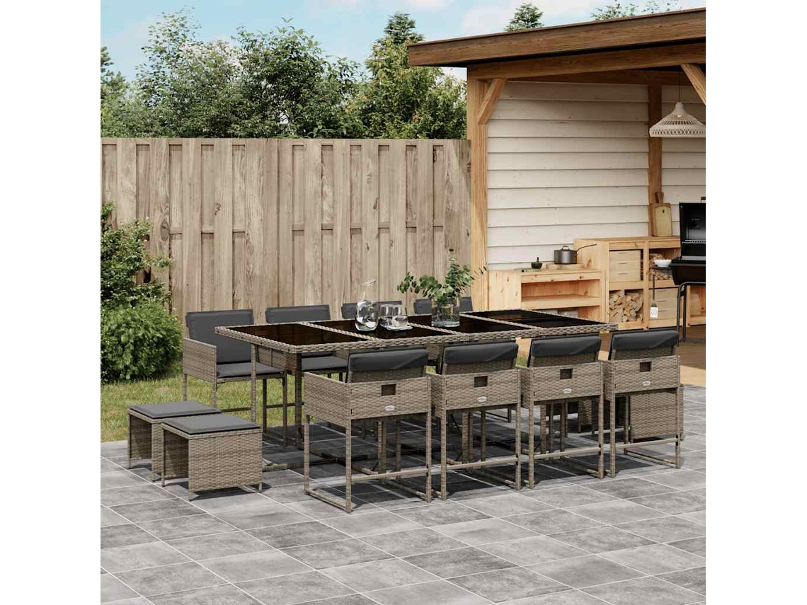 Vidaxl 13 Pcs Conjunto Jantar P/ Jardim C/ Almofadões Vime Pe Cinzento
