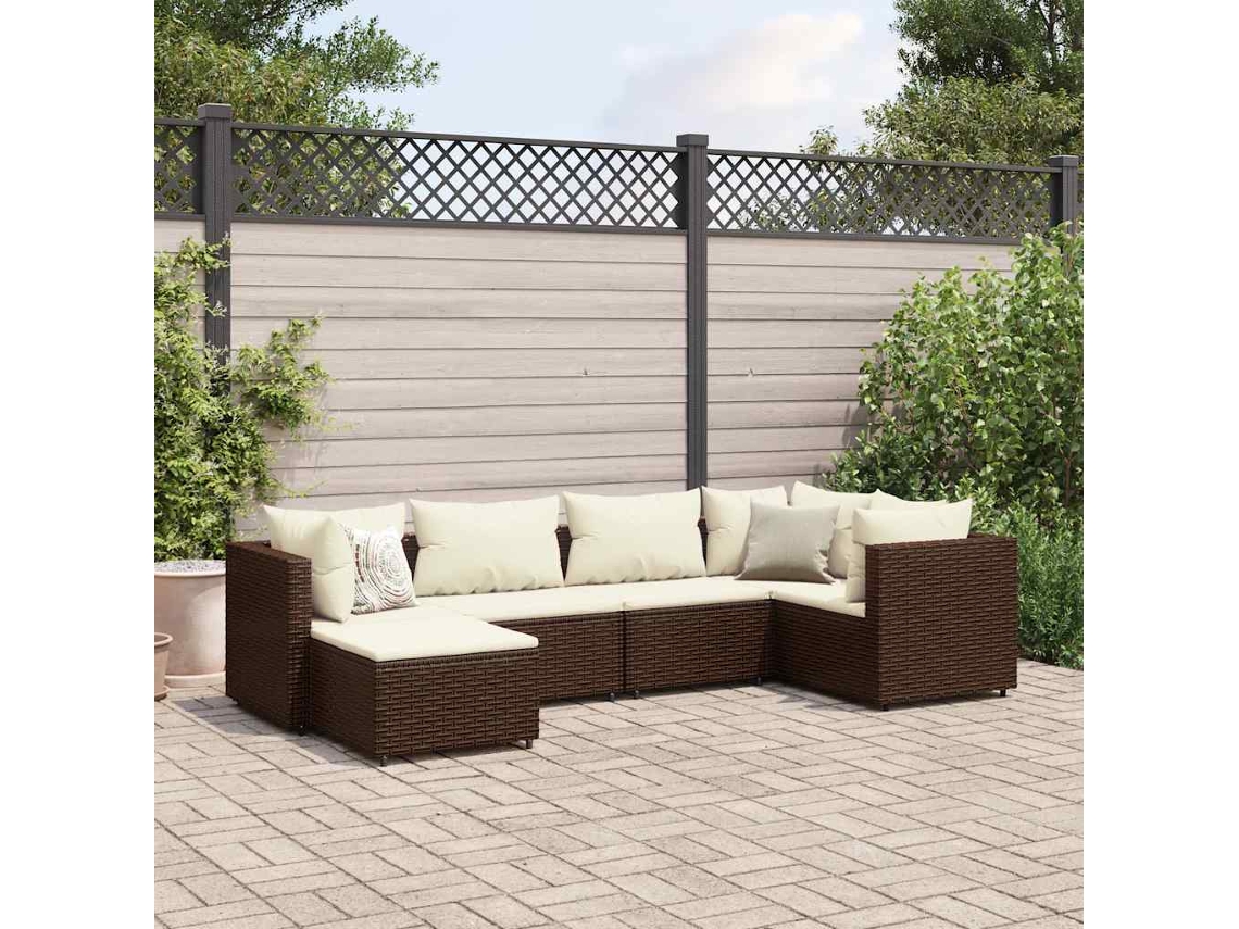 Vidaxl 6 Pcs Conj. Lounge Jardim C/ Almofadões 6 Pcs Vime Pe Castanho