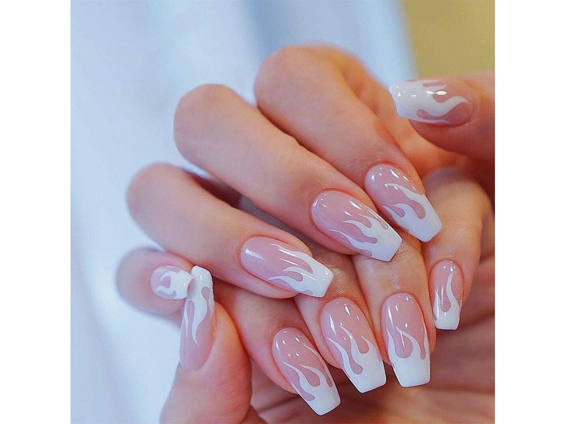 Unhas Falsas de Acrílico Quadrado com Padrão de Chama Rosa para Colagem em Unhas Fingernails