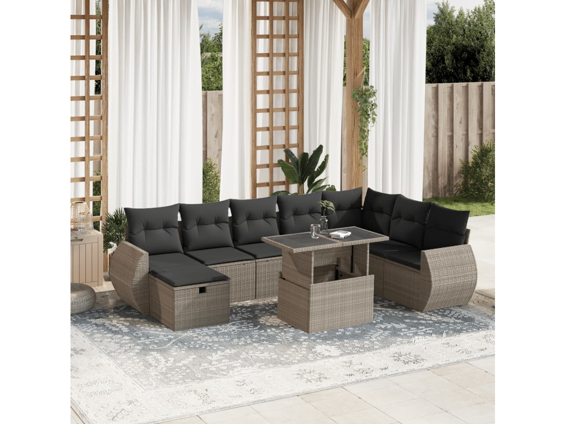 Vidaxl 9 Pcs Conj. Sofás Jardim com Almofadões Vime Pe Cinzento claro