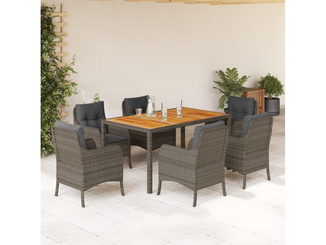 7 Pcs Jogo De Jantar P/ Jardim C/ Almofadões Vime Pe Cinza Dkd Home Decor
