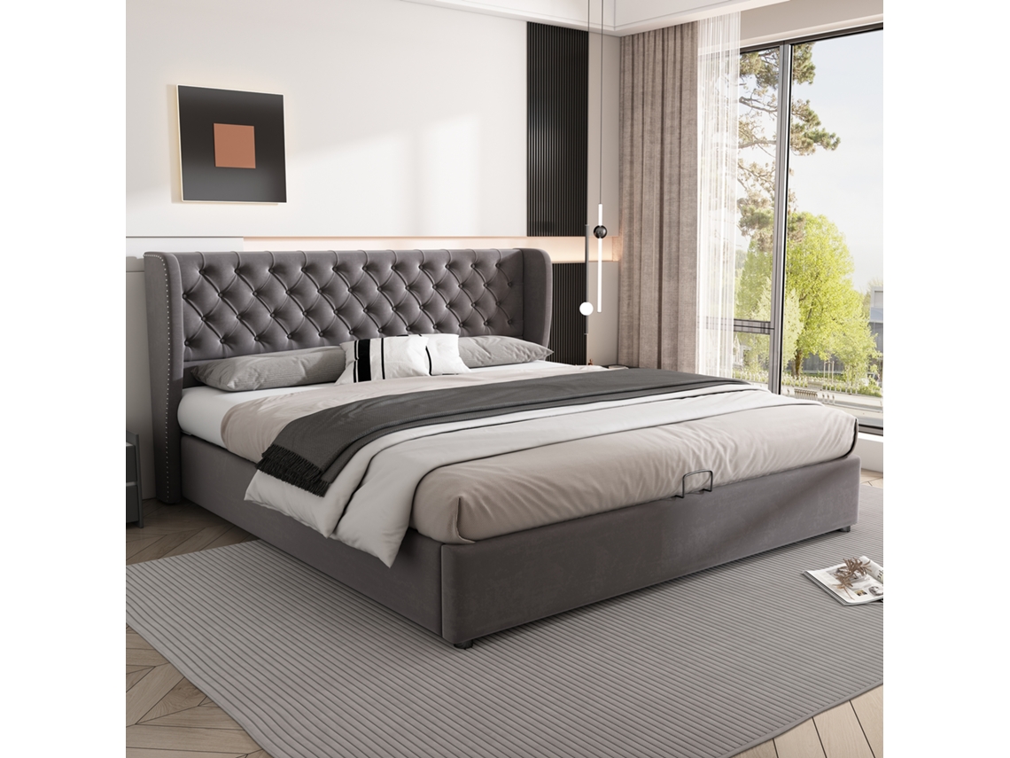 Coffre Iluminado Rembourré Velour 160x200 Cm Con Tête De Lit Capitonnée, Rango Hidráulico, Sommier, Gris