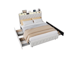 Cama Casal 160x200 Com 4 Gavetas, Ripas, Iluminação Led E Portas Usb, Bege Mexus